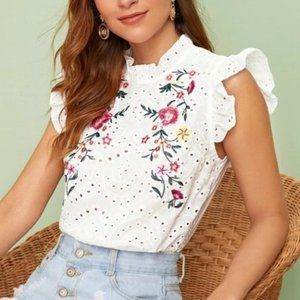 boho Ruffle Trim Embroidered Detail Top